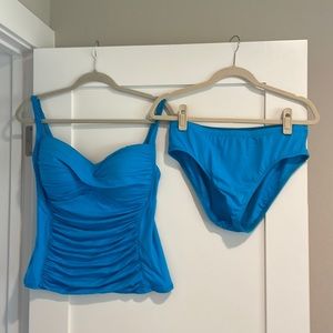 Blue, women’s, two-piece LeBlanca bathing suit.